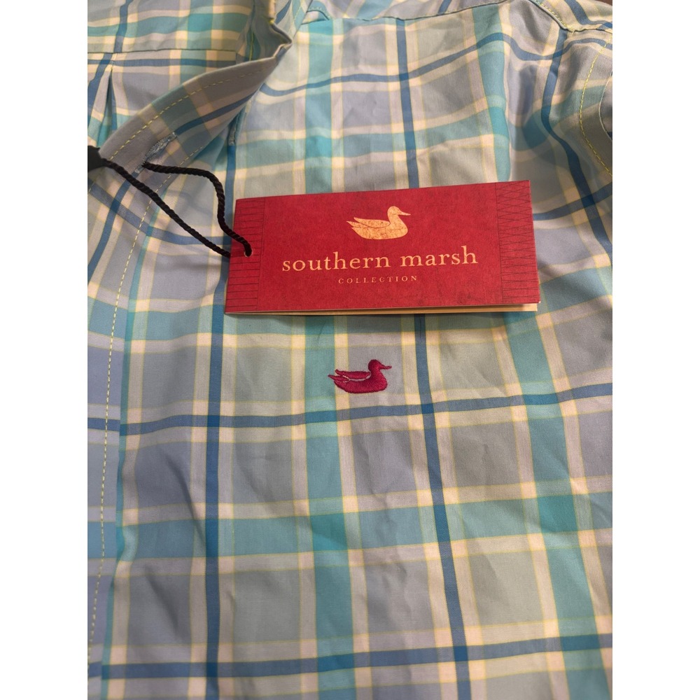 Southern Marsh Brevard Plaid Button Down Mens Small Teal Blue Wrinkle Free NWT - Picture 3 of 4